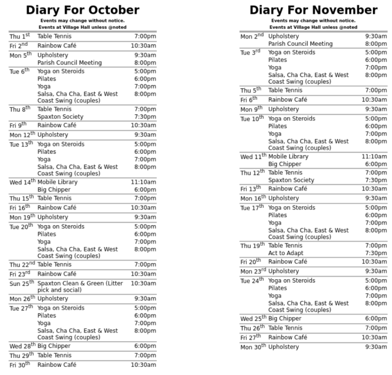 Whats on at Spaxton Village Hall